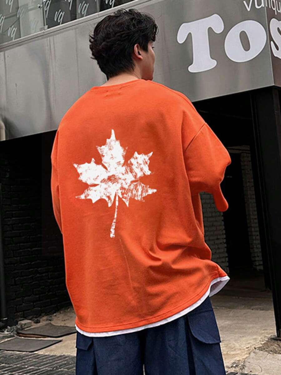 DAZY 夏季男士枫叶印花超大T恤，橙色，图案T恤