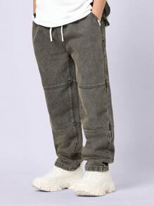 SUMWON 优质宽松牛仔裤，松紧腰带，拼接设计青少年男孩街头潮流裤，舒适休闲日常穿着，青春时尚 - 黑色 - 查看 2