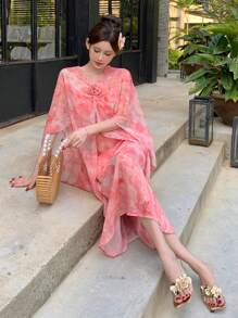 DAZY Women's Plant Allover Print Patchwork Pleated Midi Dress With Ditsy Floral Overlay Sundress Vacation Outfits Women - Pink - View 7