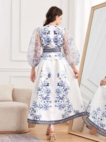 SHEIN Teen Girls Blue Elegant Floral Patchwork Sheer Mesh Printed Shirt With Floral A-Line Skirt, Bowknot Waist Princess Style Dress Set, Suitable For Holidays, Elegant