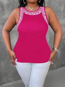 Maweii 大码女式时尚性感撞色印花边饰高弹力面料紧身背心夏季