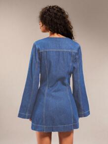 Forever 21 Váy chữ A tay dài vải denim washy cổ bẻ viền cao thấp thu/đông mới - Rửa trung bình - Xem 2