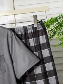 2 件套儿童青少年男童都市休闲圆领短袖格子印花宽松家居服睡衣套装 - 深灰色 - 查看 5