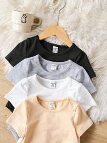 SHEIN 4pcs Baby Boy/Girl Knitted Soft Crew Neck Short Sleeve Bodysuit Sets