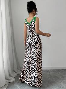 Elenzga 女式豹纹前开衩性感无袖 V 领低胸紧身对称领连衣裙 - 彩色 - 查看 2