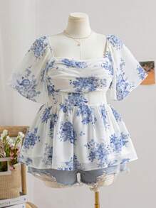 Enliva 女式加大码波西米亚风度假雪纺蓝色花卉印花褶皱荷叶边短袖衬衫，适合夏季 - 藍白色 - 查看 2