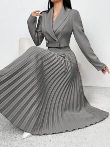 Modelyn 2 件套女士纯色长袖简约衬衫和连衣裙 2 件套 - 灰色 - 查看 6