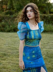 SHEIN MOD Artistic Series, Van Gogh "Starry Night Over The Rhône" Print Shirt, Retro Vintage - Blue - View 5