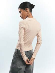 Maija Women's Apricot Knit Collared Zip-Up Top, Versatile Spring Leisure/Business Casual Design, Soft & Comfortable, Pullover Long Sleeve Sweater Old Money - Apricot - View 5