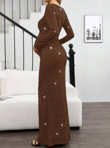 SHEIN Maternity Elegant Luxury Comfortable Square Neck Long Sleeve Dress For Dates, Gatherings, Birthdays, Parties, Baby Shower