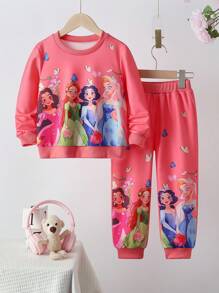 2pcs/Set Young Girls Pink Cute Cartoon Character & Butterfly Print Hoodie Sweatshirt And Pants Set, Autumn/Winter New, Versatile To Wear As Base Layer, Outer Layer Or Indoor Wear, Young Girl Outfit