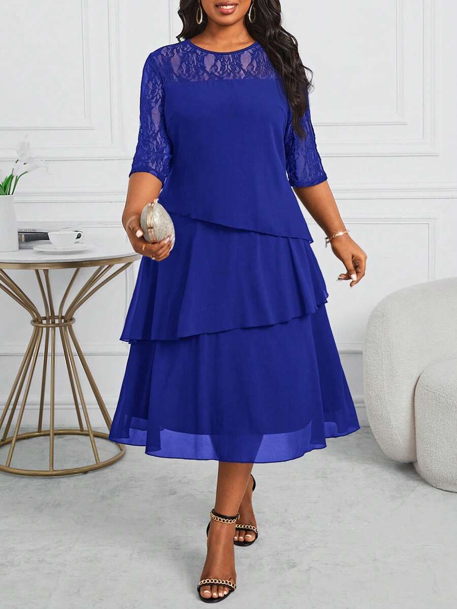 SHEIN Lady Đầm công sở Đầm đi nhà thờ Đầm công sở nữ Đầm midi xếp tầng xẻ tà tay khoét sâu màu xanh lam Đầm giáo viên Đầm giáo viên Đầm mùa thu Đầm ren Đầm bốn mùa thanh lịch cho phụ nữ Đầm ren mùa thu - Xanh đậm - Xem 1