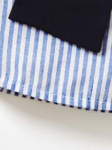 SHEIN 2pcs Young Boys Casual Blue & White Striped Collared Long Sleeve Shirt And Knit Scarf Set, Spring/Autumn