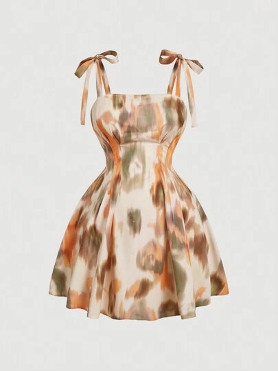 SHEIN MOD 大码复古浪漫扎染花卉印花夏季连衣裙