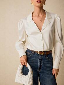 Poéselle White Shirt,Office Women Outfits,Button Up Women Shirt,Women's Solid Color Lapel Neck Puff Sleeve Single-Breasted Elegant Shirt,Simple Fashion, Old Money,Comfortable And Breathable Fabric, Suitable For Daily, Street, Commute, Holiday, Dating And Other Occasions To Wear