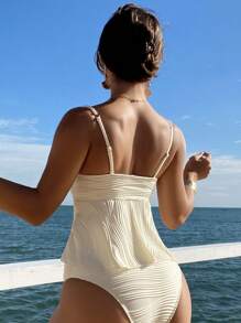 Swim Vcay Springbreak 女式纯色纹理休闲细肩带比基尼套装，适合夏季海滩、度假、节日、波西米亚风格 - 杏色 - 查看 2