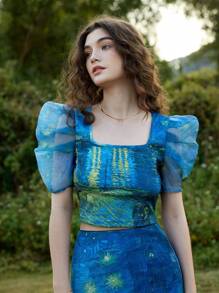 SHEIN MOD Artistic Series, Van Gogh "Starry Night Over The Rhône" Print Shirt, Retro Vintage - Blue - View 1