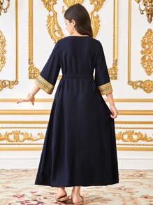 SHEIN Tween Girls' Loose Pattern Drawstring Decor 3/4 Sleeve Casual A-Line Dress