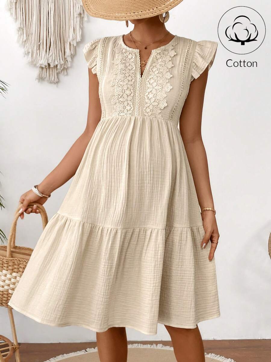 SHEIN Maternity Casual Solid Color Lace Trim Cap Sleeve Dress - Khaki - View 1