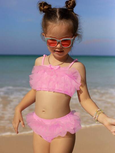 SHEIN Young Girl Solid Color Bow Decor Mesh Patchwork Ruffle Trim Adorable Swimwear Set