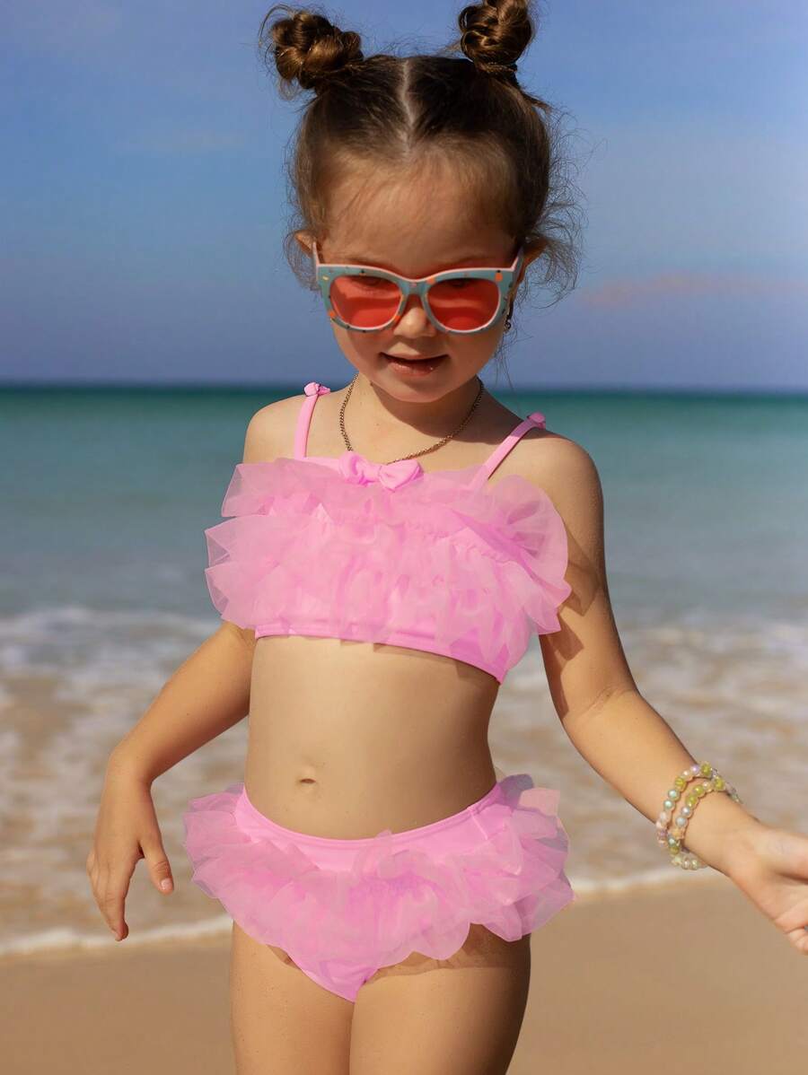 SHEIN Young Girl Solid Color Bow Decor Mesh Patchwork Ruffle Trim Adorable Swimwear Set - Baby Pink - View 1