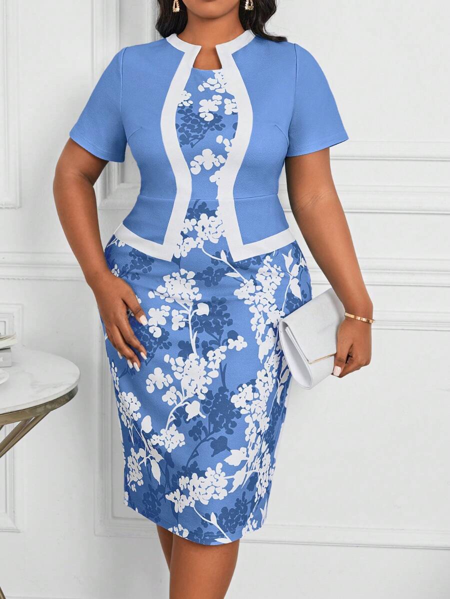 SHEIN Lady Vestido de graduación de manga corta con estampado floral y corte slim, apto para uso profesional de oficina para mujeres de talla grande. Ropa y vestidos adecuados para maestros en las cuatro estaciones. - Celeste - Ver 1