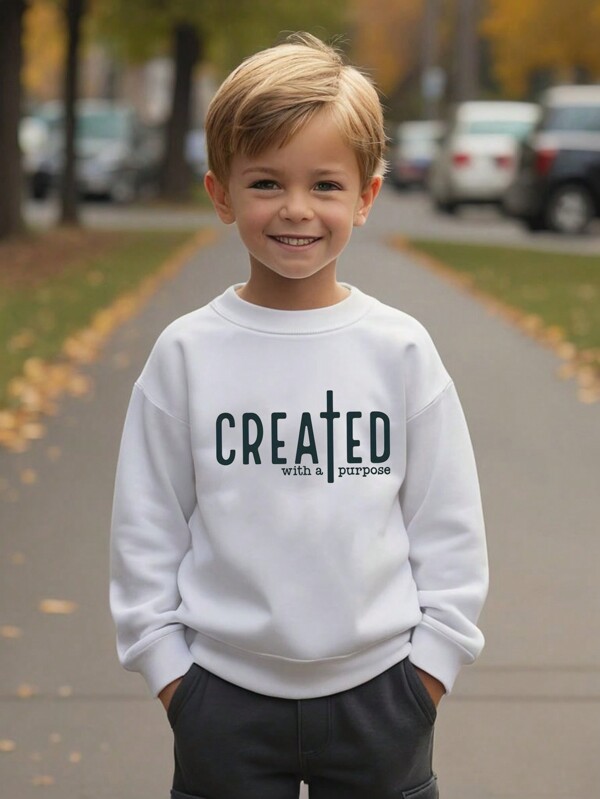 1pc Young Boys "Created With A Purpose" Crew Neck Sweatshirt, Suitable For Christmas