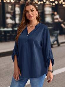 EMERY ROSE 加大码纯色缺口领卷袖休闲衬衫，冬装 - 藏蓝色 - 查看 3