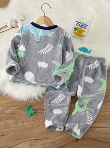 SHEIN 2pcs/Set Boys Cartoon Dinosaur Skeleton Pattern Ribbed Crew Neck Long Sleeve Pajama Top & Pants, Soft Fleece Loungewear Sleepwear Set, Autumn/Winter - Blue and White - View 2