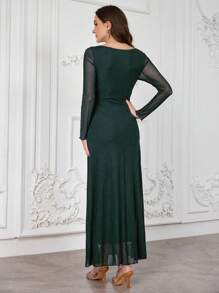 Modelyn 女士网眼长袖褶皱腰连衣裙酒红色长款女装 - 墨綠色 - 查看 2