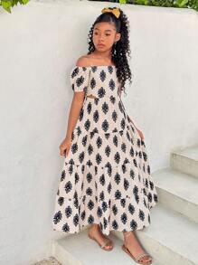 SHEIN 少女度假时尚露肩镂空腰部碎花连衣裙