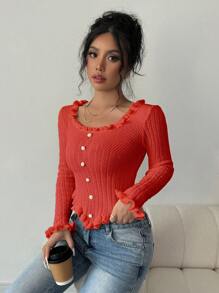 Chiquease New Square Collar Frill Trim Long Sleeve Fitted Sweater For Young Women Knit Pullover Fall Winter