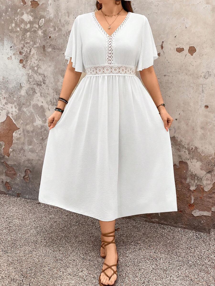 SHEIN Clasi Đầm xòe cổ chữ V in hoa cỡ lớn cho nữ - trắng - Xem 1