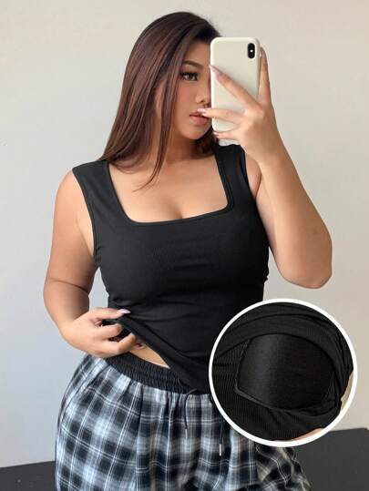 Dazy Petite Plus 纯色方领修身保暖内衬吊带背心/背心/T 恤，黑色，运动休闲，春/夏