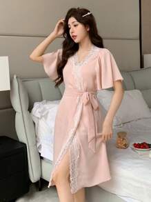 DAZY Women's Short Sleeve Lace Patchwork Ruffle Sleeve Sleepwear Robe