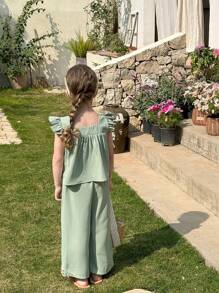 SHEIN LMoss Kids LMoss 少女素色梭织吊带背心和宽松休闲长裤两件套姐妹装适合春夏季 - 綠色 - 查看 3