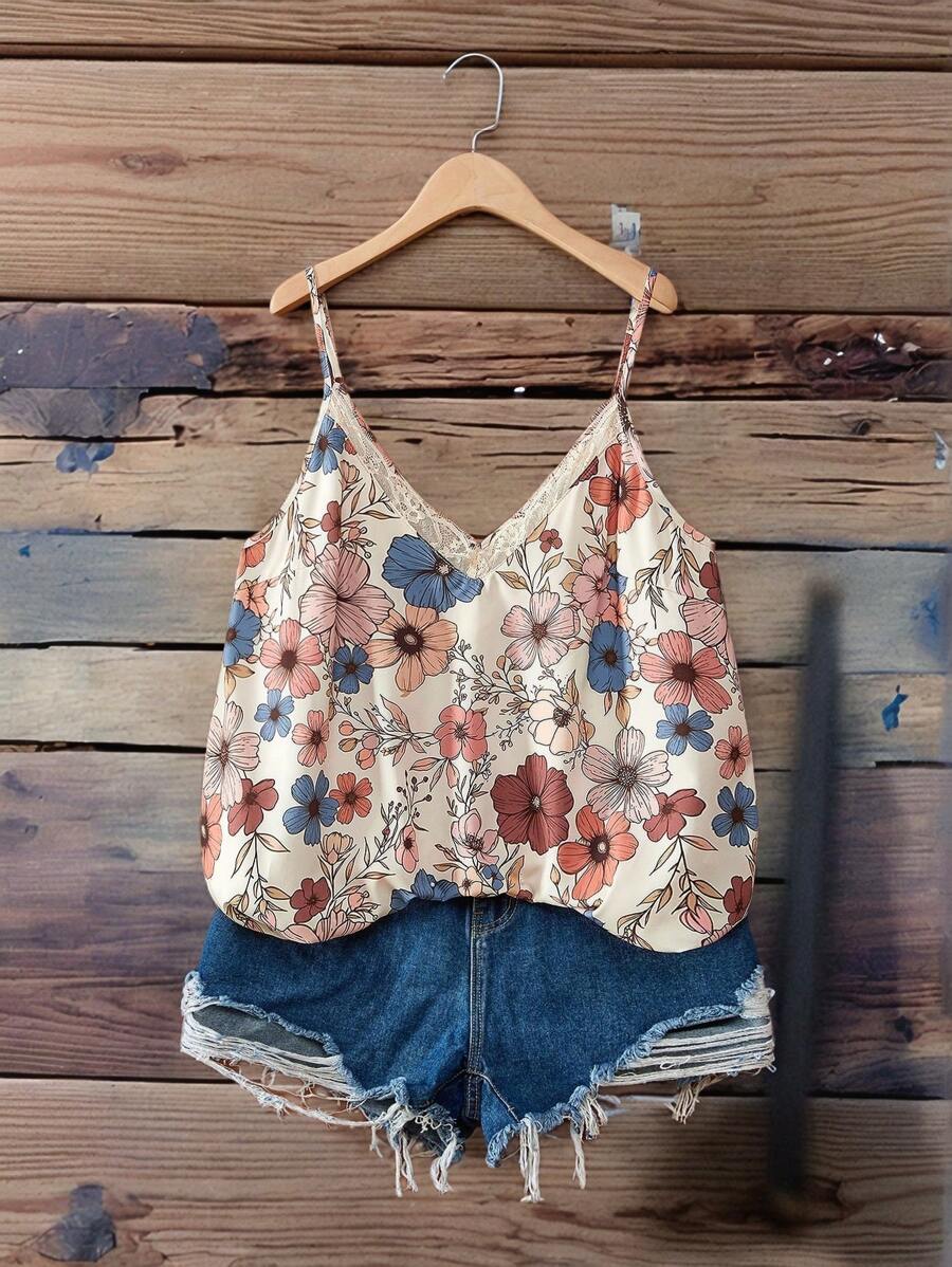 SHEIN VCAY Plus Size Boho V-Neck Lace Patchwork Floral Cami Top, Black Background, Elegant For Vacation, Date, Party, Fashion, For Summer - Apricot - View 1