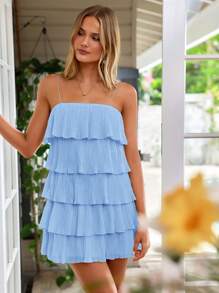 SHEIN VCAY Của phụ nữ Màu thuần Ruffled Nhiều lớp Dây đeo Mì Ý  Đầm - Màu xanh nhạt - Xem 3