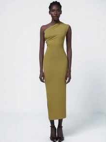 Aveloria Modichic 女士时尚简约斜肩褶皱无袖紧身连衣裙 - 薑色 - 查看 1