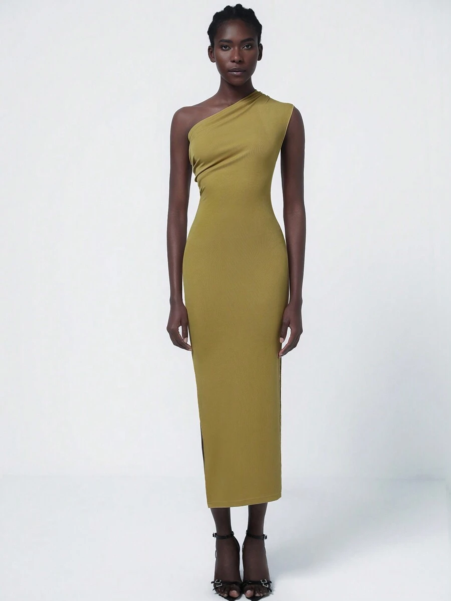 Aveloria Modichic 女士时尚简约斜肩褶皱无袖紧身连衣裙 - 薑色 - 查看 1