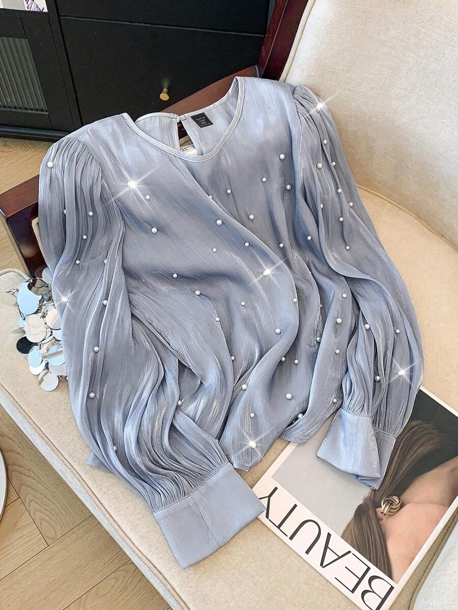 GlowEve CURVE Áo kiểu Pháp đính hạt sang trọng cỡ lớn - Màu xanh lam - Xem 1