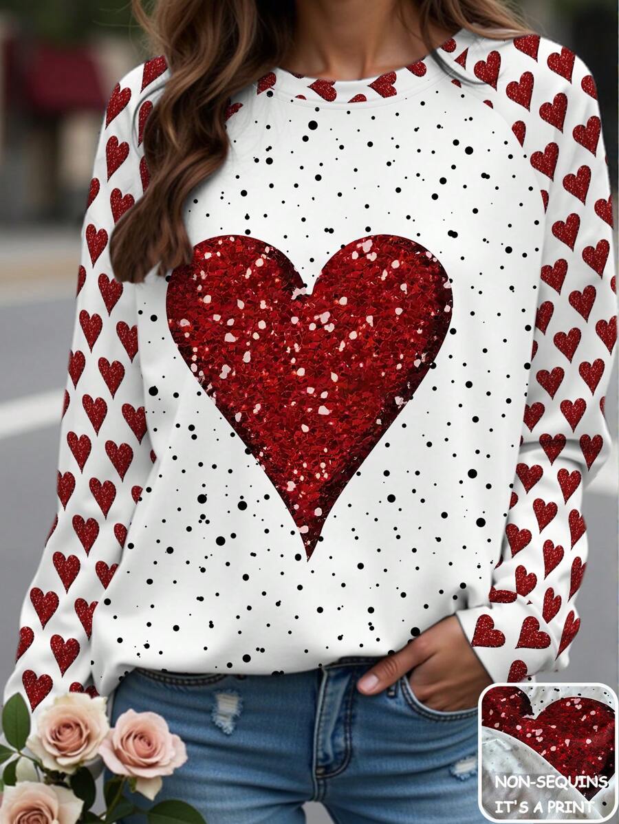 SHEIN LUNE Camiseta de manga larga casual con cuello redondo y estampado de amor para Día de San Valentín, tallas grandes para mujer - Multicolor - Ver 1