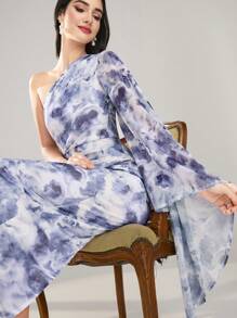 Modelyn Women's Elegant Blue And White Floral Print Diagonal Shoulder Asymmetrical Flared Long-Sleeved Slim-Fit Dress,Autumn Tropical Cocktail Wedding Guest - Multicolor - View 7