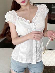 DAZY Áo sơ mi nữ ren Jacquard cổ chữ V tay ngắn cài nút phía trước thường ngày mùa hè - trắng - Xem 9