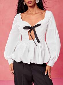 Oxana Designer Women's Business Casual Tie Front Tie Long Sleeve Casual Top, Everyday Wear, Spring & Summer, Going Out, Festival, Office - White - View 3