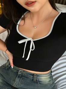 Dazy Plus Color Block Bowknot Tie Up Fitted Cropped T-Shirt, Spring & Summer - Black - View 9