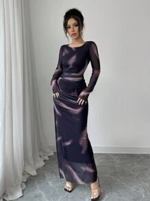 Elenzga Women's Elegant Gradient Color Print Mesh Ruffle Bodycon Maxi Dress Fall Cloth For Women - Purple - View 3