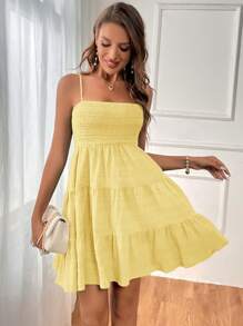 Soleia 女士纯色细肩带褶皱下摆短款休闲连衣裙