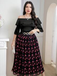 Mulvari Conjunto de 2 piezas de talla grande elegante, con blusa de hombros descubiertos y falda estampada con flores, ideal para verano - Multicolor - Ver 4