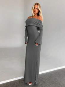 Aloruh Robe midi décontractée/de travail longue, ajustée, aux manches évasées et aux épaules dénudées, plissée, élégante et sexy pour femmes, nouveauté pour l'automne et l'hiver - Gris - Voir 3